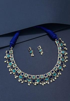 Silver Plated Stone Studded And Beaded Oxidised Jewellery Set