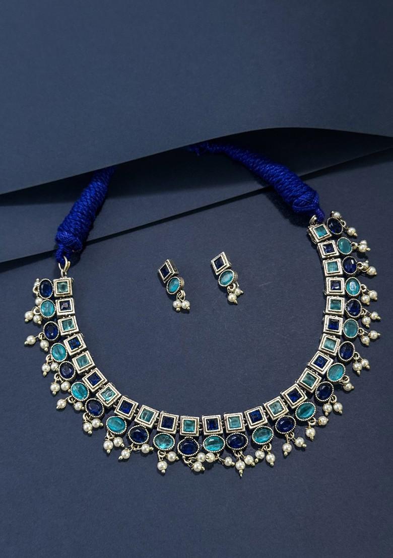 Silver Plated Stone Studded And Beaded Oxidised Jewellery Set