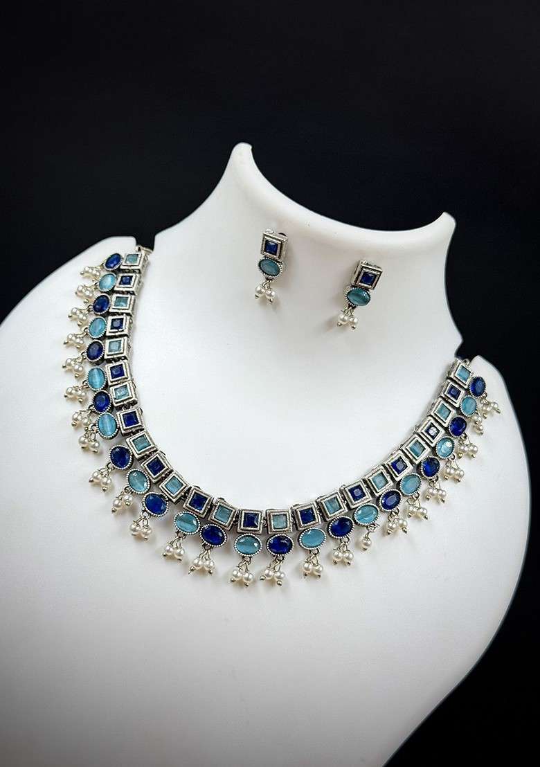 Silver Plated Stone Studded And Beaded Oxidised Jewellery Set - Indya