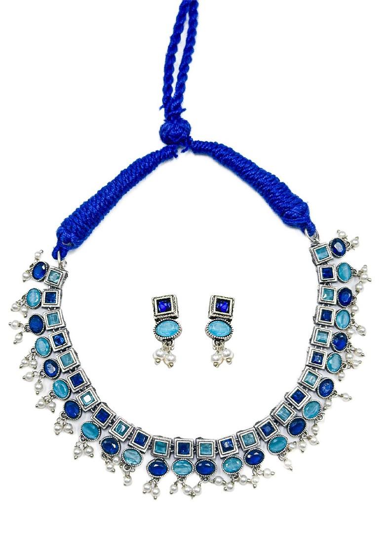 Silver Plated Stone Studded And Beaded Oxidised Jewellery Set