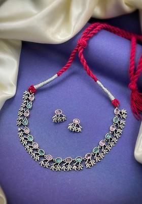 Silver Plated Stone Studded Oxidised Jewellery Set
