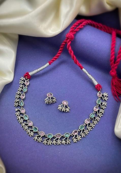 Silver Plated Stone Studded Oxidised Jewellery Set