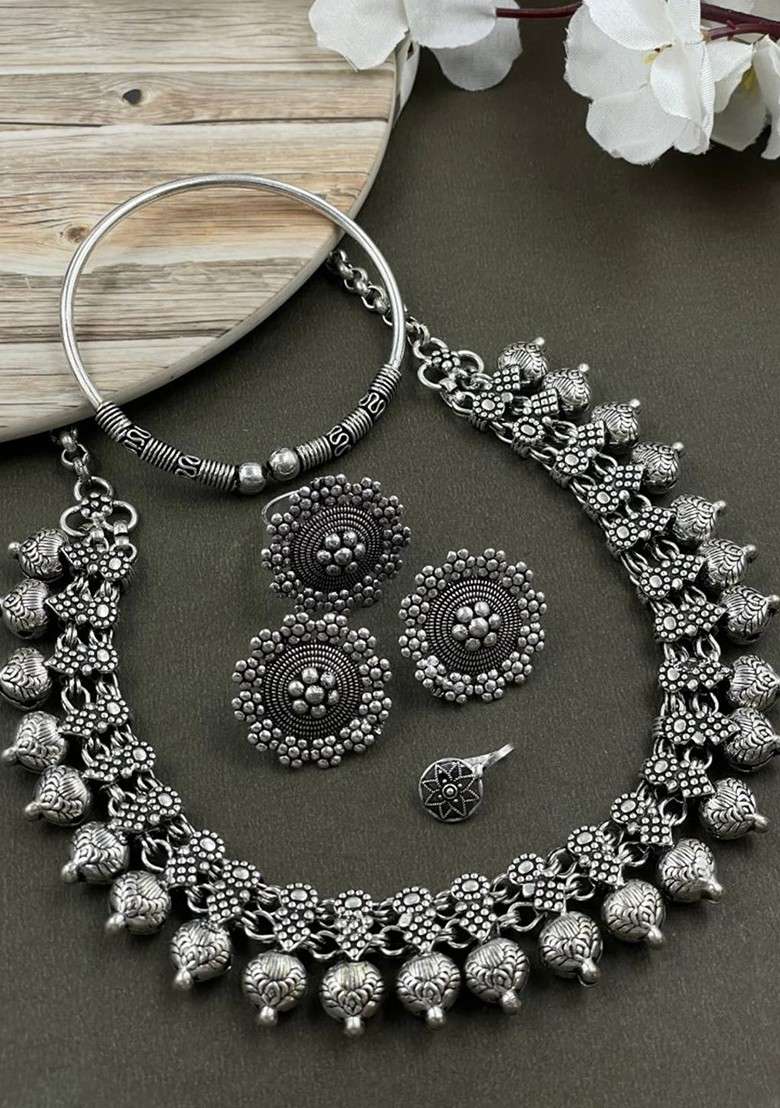 Mohini Silver Plated Oxidised Necklace Jewellery Set - Indya