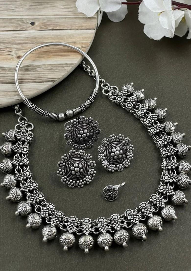 Mohini Silver Plated Oxidised Necklace Jewellery Set