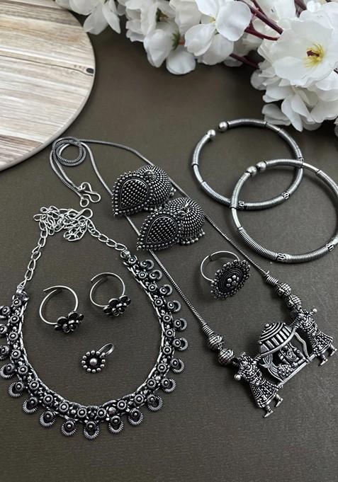 Amy Silver Plated Oxidised Necklace Jewellery Set