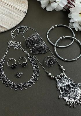 Amy Silver Plated Oxidised Necklace Jewellery Set