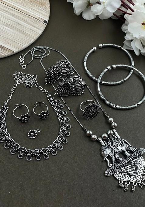 Amy Silver Plated Oxidised Necklace Jewellery Set