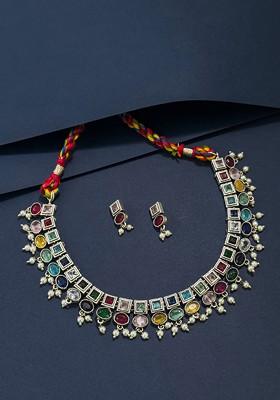 Silver Plated Oxidised Stone Studded And Beaded Jewellery Set