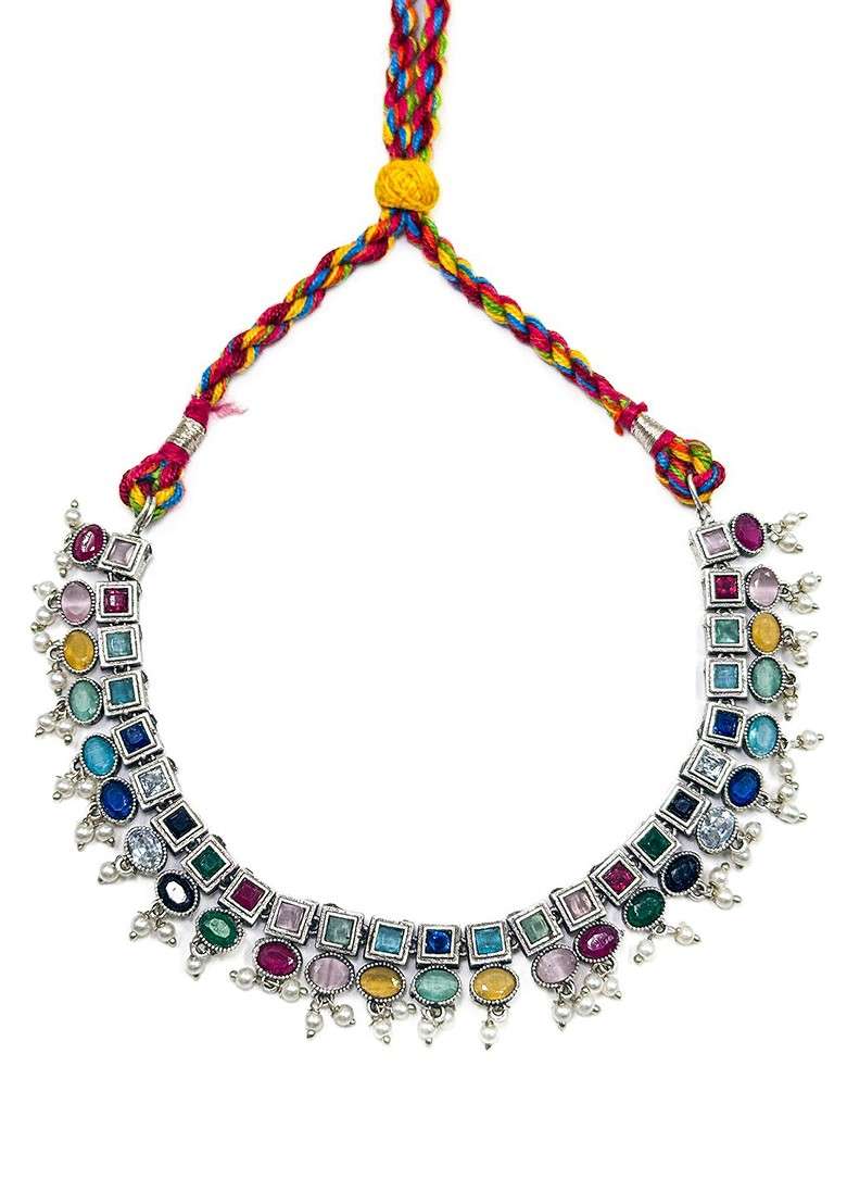 Silver Plated Oxidised Stone Studded And Beaded Jewellery Set - Indya