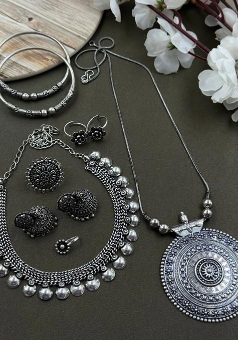 Simran Silver Plated Oxidised Jewellery Set
