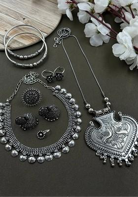 Simran Silver Plated Oxidised Necklace Jewellery Set