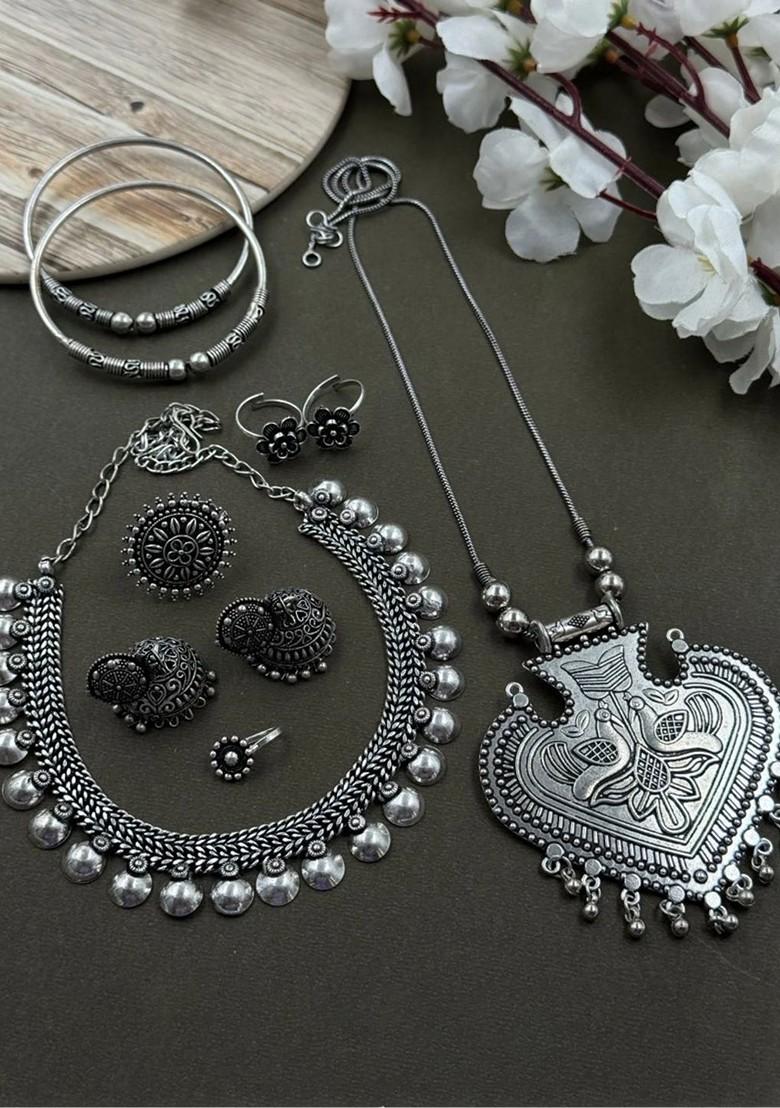 Simran Silver Plated Oxidised Necklace Jewellery Set