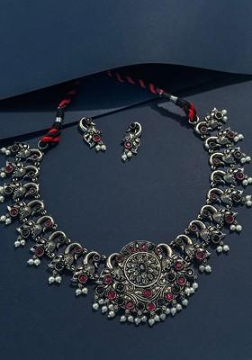 Silver Plated Stone Studded And Beaded Oxidised Jewellery Set