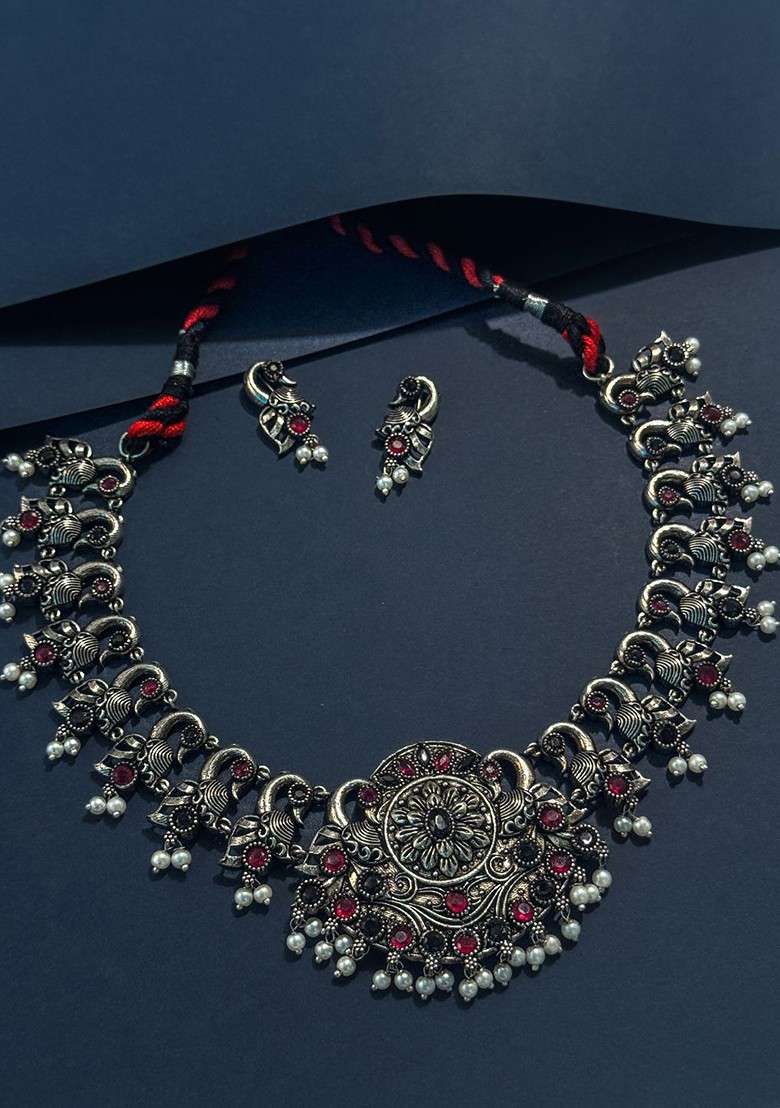 Silver Plated Stone Studded And Beaded Oxidised Jewellery Set - Indya