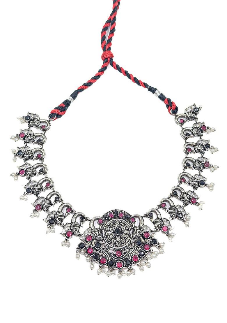 Silver Plated Stone Studded And Beaded Oxidised Jewellery Set