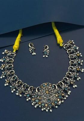 Silver Plated Stone Studded And Beaded Oxidised Jewellery Set