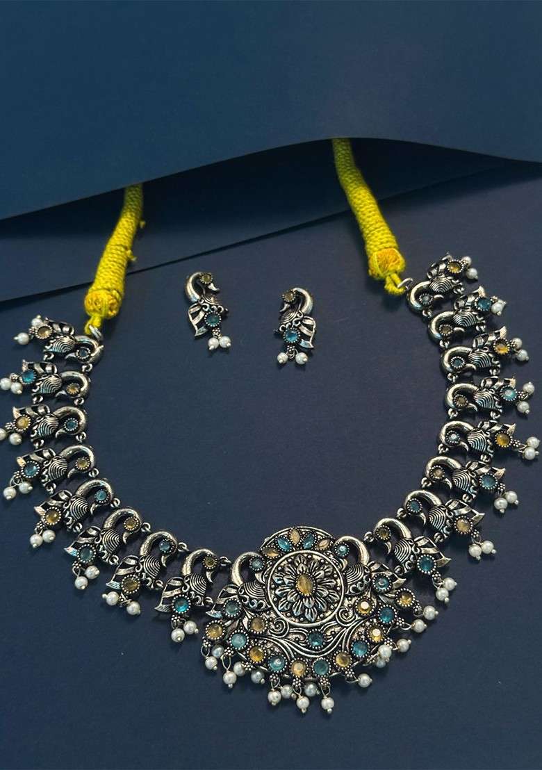 Silver Plated Stone Studded And Beaded Oxidised Jewellery Set - Indya