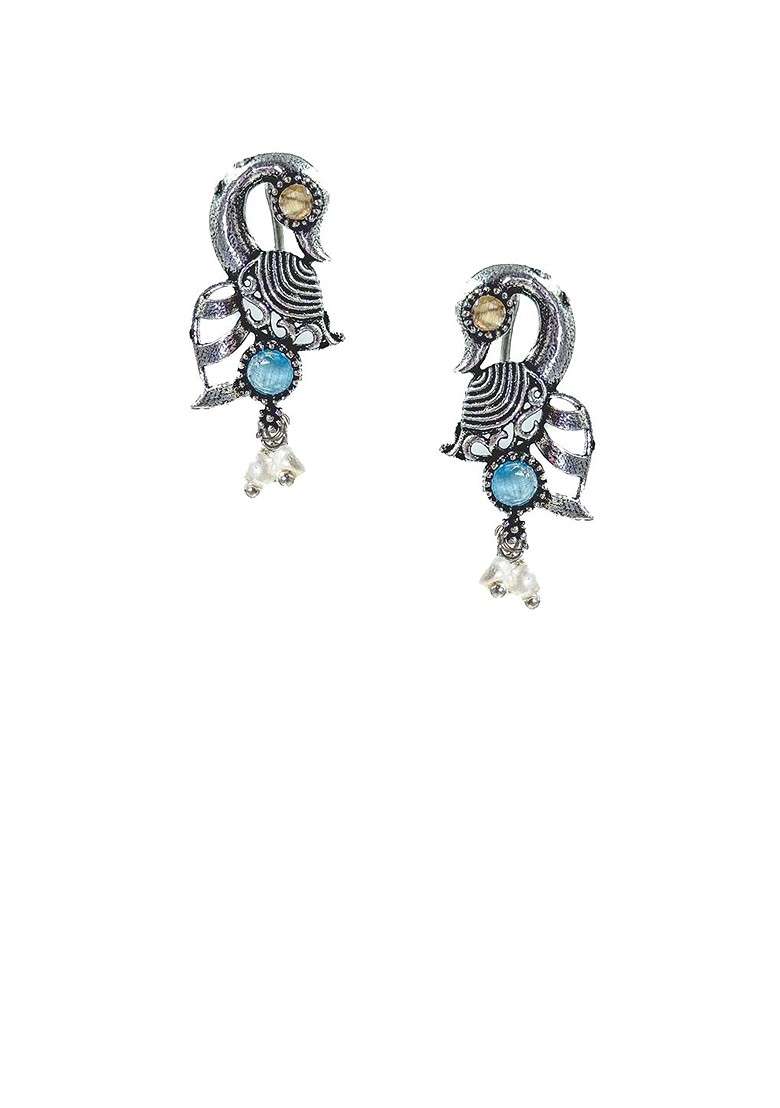 Silver Plated Stone Studded And Beaded Oxidised Jewellery Set - Indya