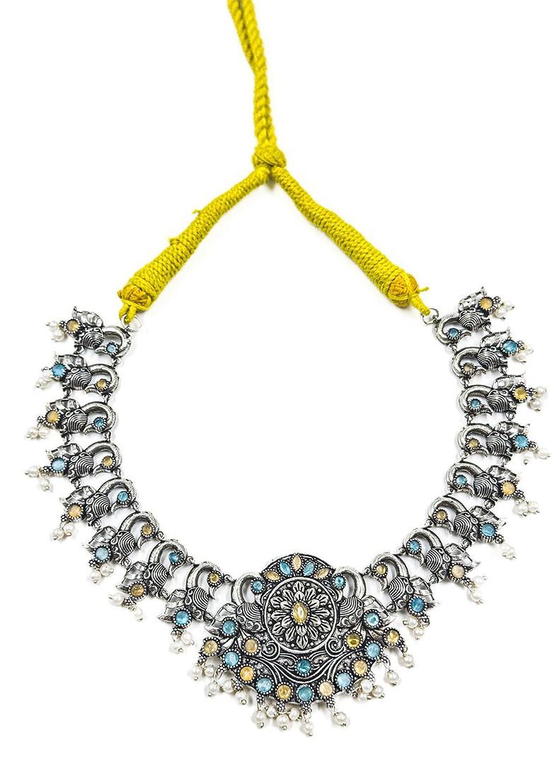 Silver Plated Stone Studded And Beaded Oxidised Jewellery Set