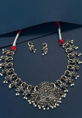 Silver Plated Oxidised Stone Studded And Beaded Jewellery Set
