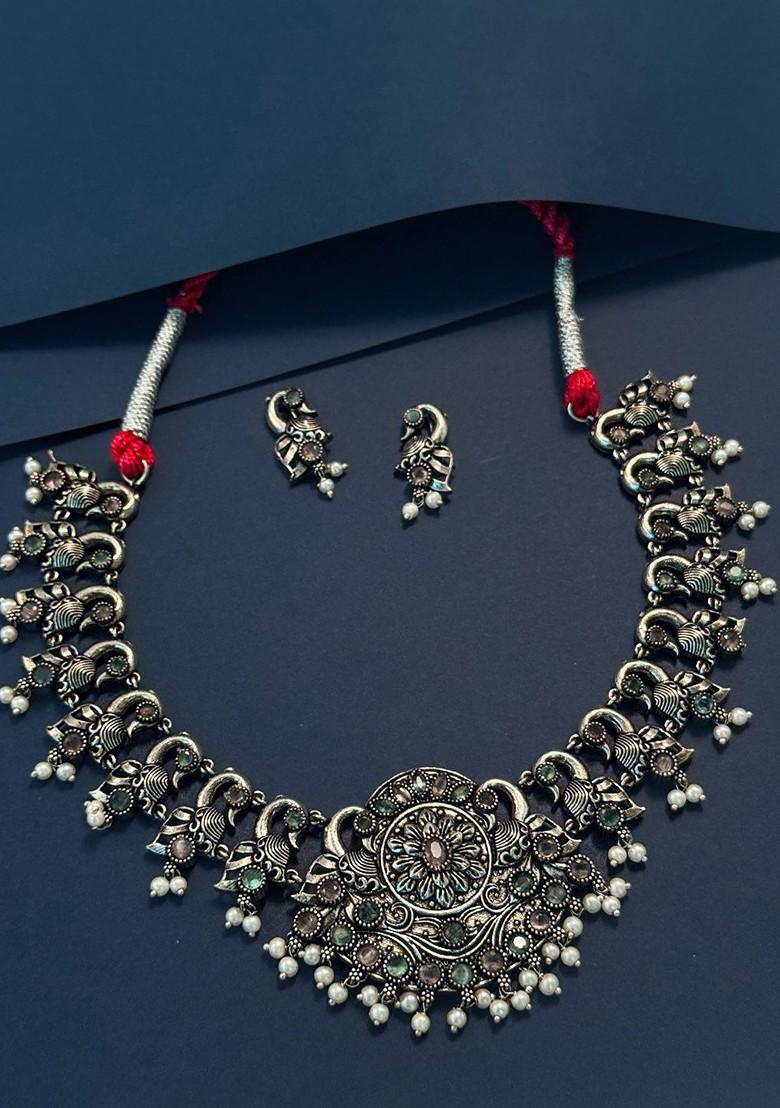 Silver Plated Oxidised Stone Studded And Beaded Jewellery Set