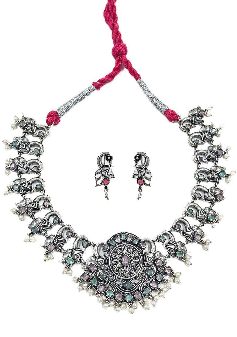 Silver Plated Oxidised Stone Studded And Beaded Jewellery Set - Indya