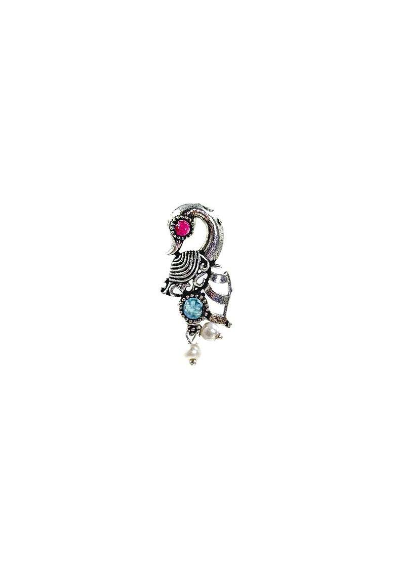 Silver Plated Oxidised Stone Studded And Beaded Jewellery Set - Indya