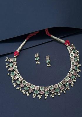 Silver Plated Stone Studded And Beaded Oxidised Jewellery Set