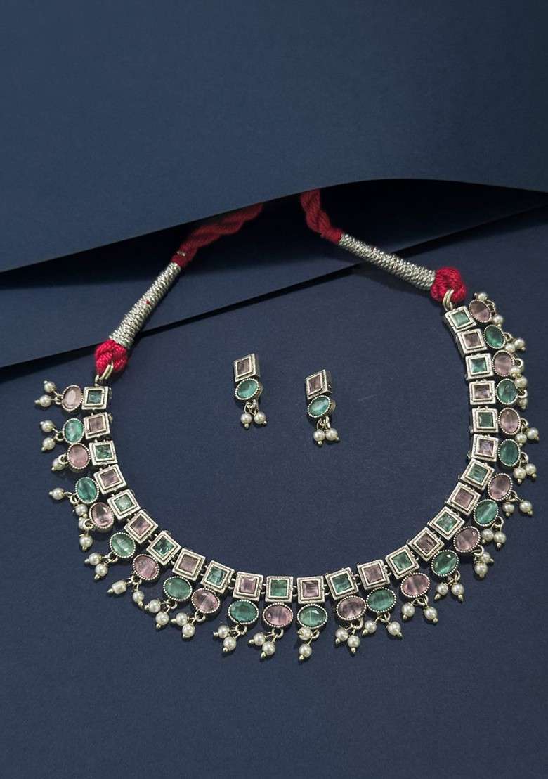 Silver Plated Stone Studded And Beaded Oxidised Jewellery Set - Indya