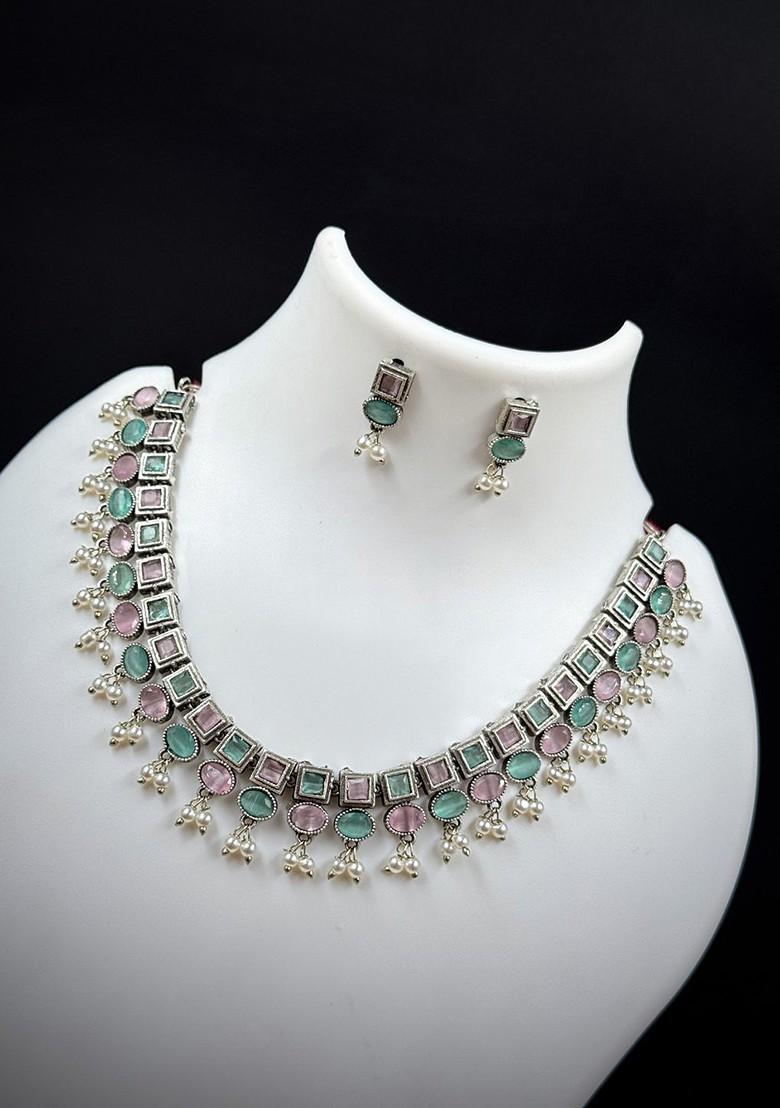 Silver Plated Stone Studded And Beaded Oxidised Jewellery Set