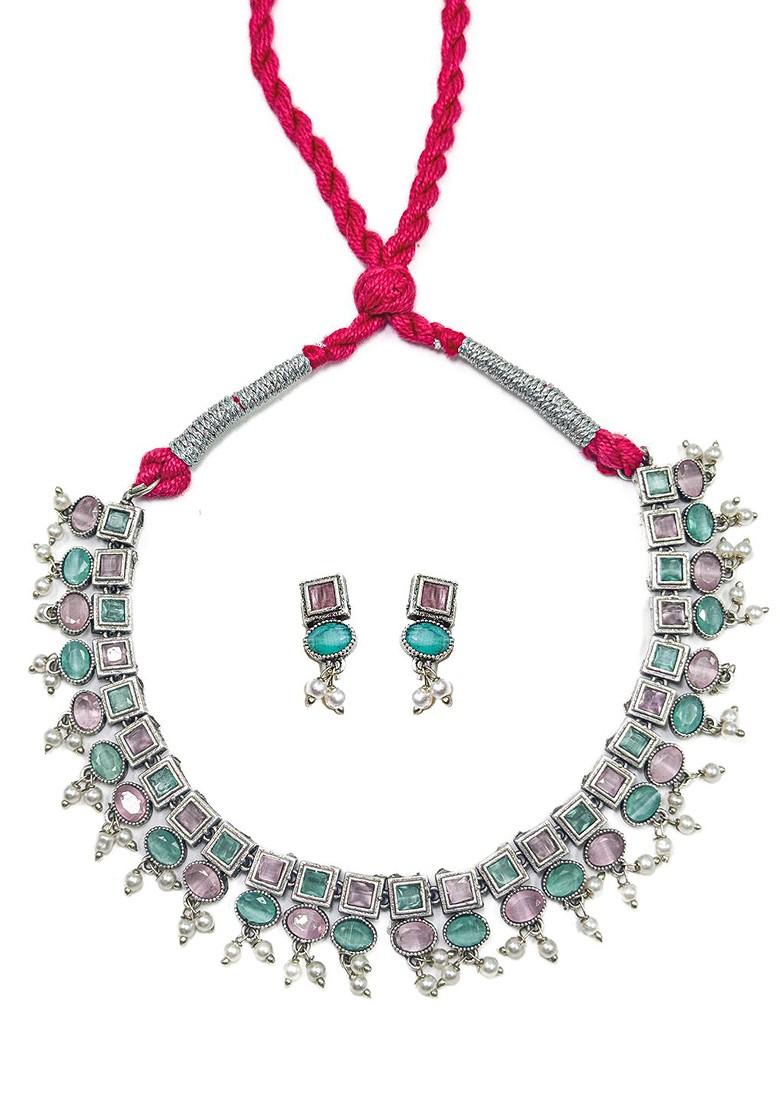 Silver Plated Stone Studded And Beaded Oxidised Jewellery Set