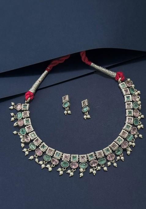 Silver Plated Stone Studded And Beaded Oxidised Jewellery Set