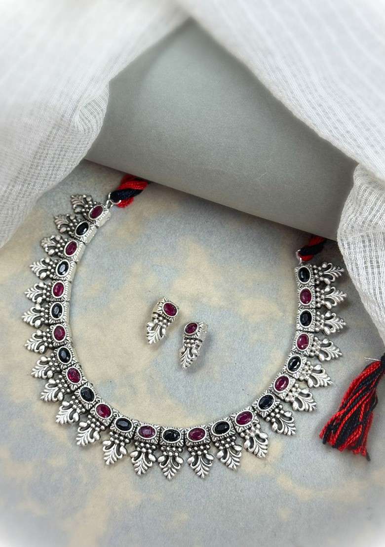 Silver Plated Stone Studded Oxidised Jewellery Set - Indya