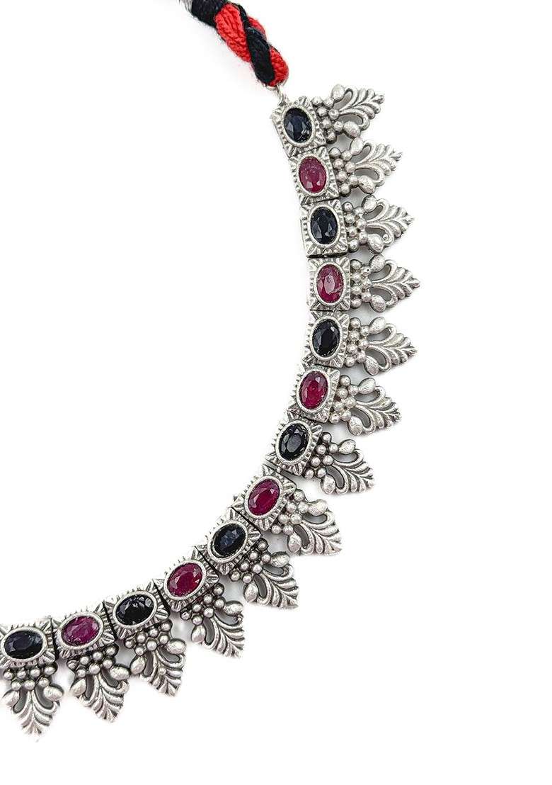 Silver Plated Stone Studded Oxidised Jewellery Set - Indya