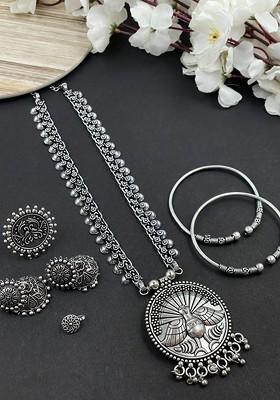 Porita Silver Plated Oxidised Necklace Jewellery Set