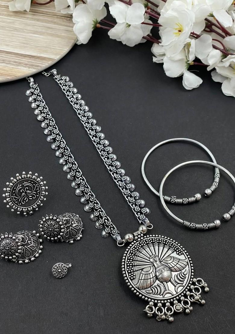 Porita Silver Plated Oxidised Necklace Jewellery Set