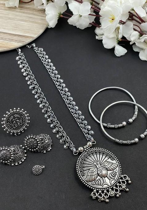 Porita Silver Plated Oxidised Necklace Jewellery Set