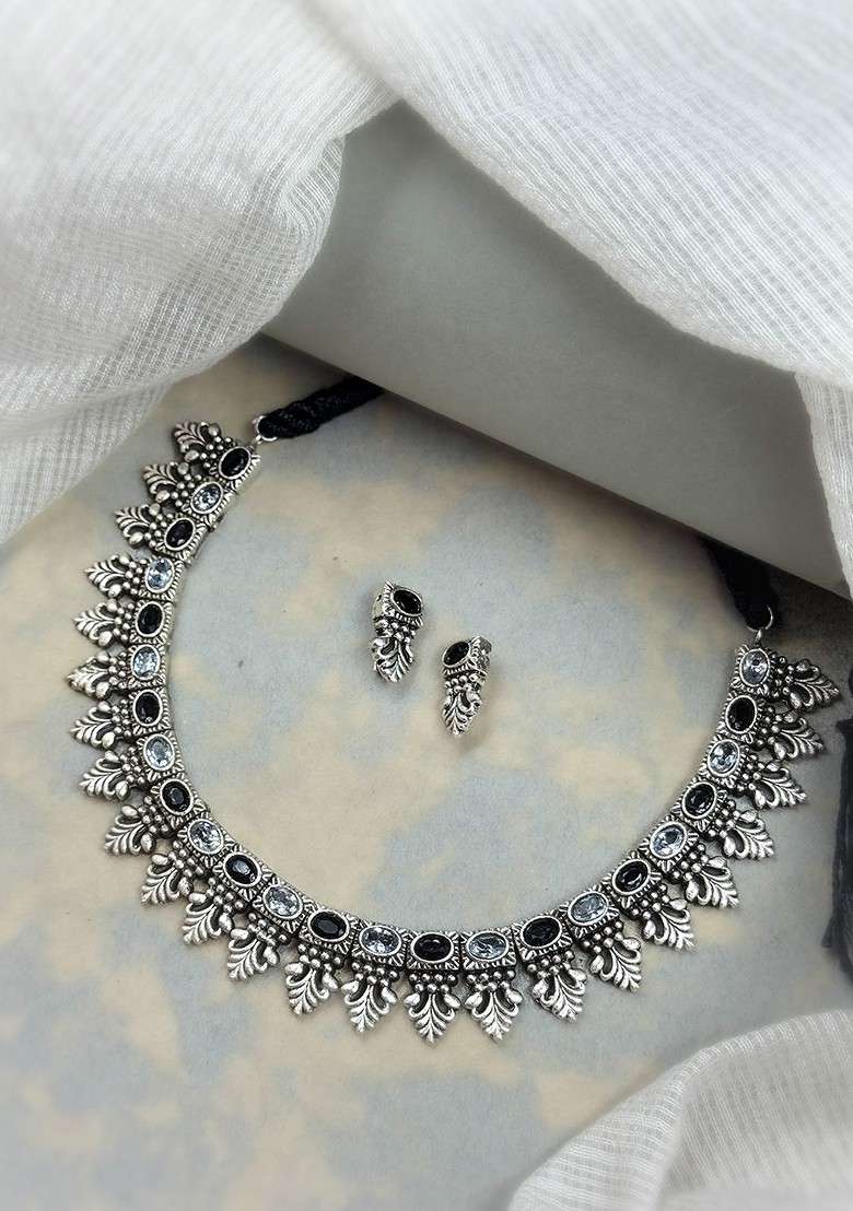 Silver Plated Oxidised Stone Studded Jewellery Set - Indya