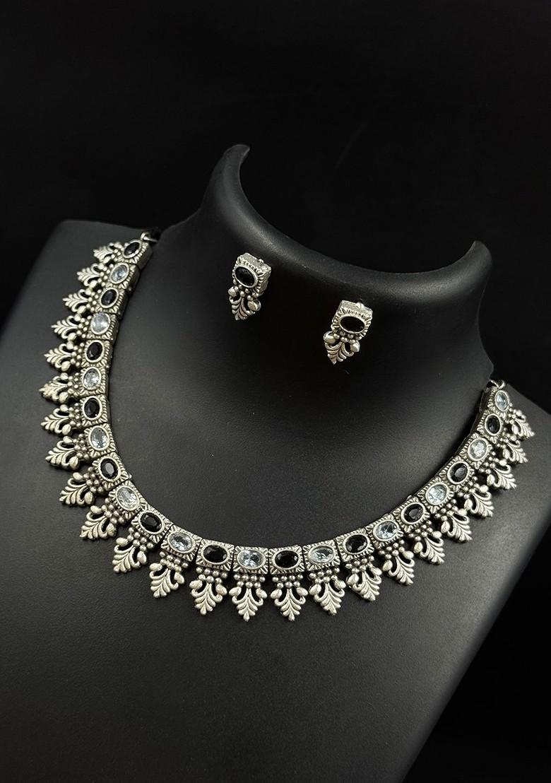 Silver Plated Oxidised Stone Studded Jewellery Set