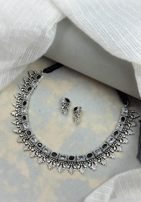 Silver Plated Oxidised Stone Studded Jewellery Set