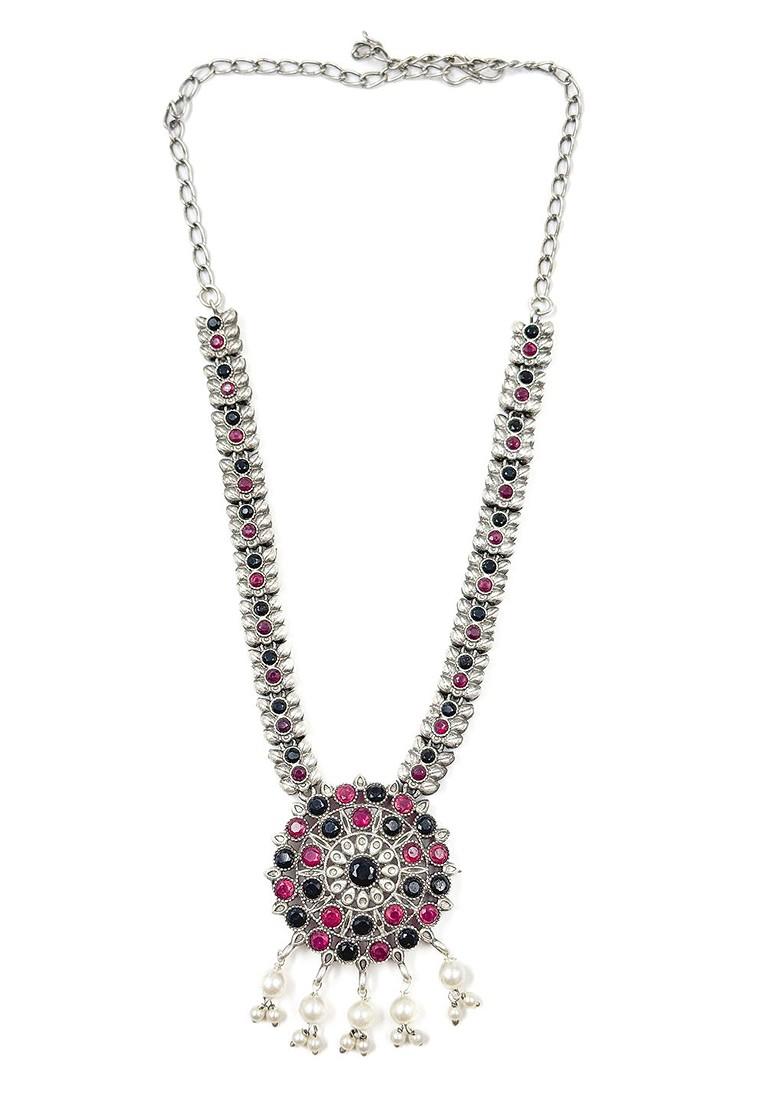 Silver Plated Stone Studded And Beaded Oxidised Jewellery Set