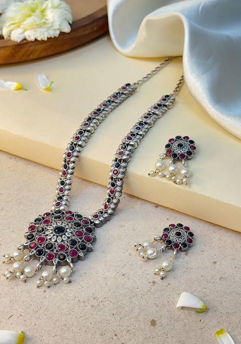 Silver Plated Stone Studded And Beaded Oxidised Jewellery Set