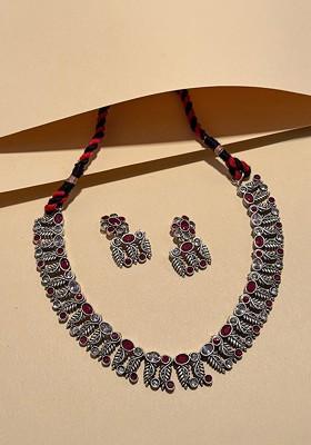 Silver Plated Stone Studded Oxidised Jewellery Set