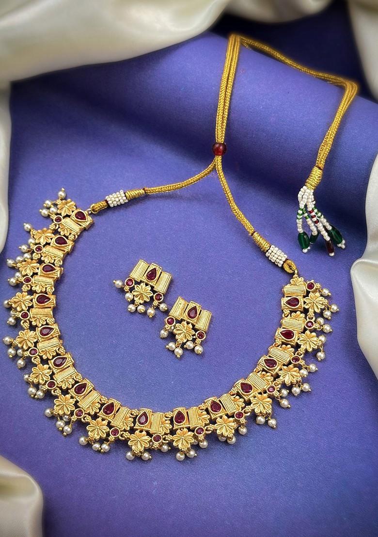 Gold Plated Stone Studded And Beaded Jewellery Set