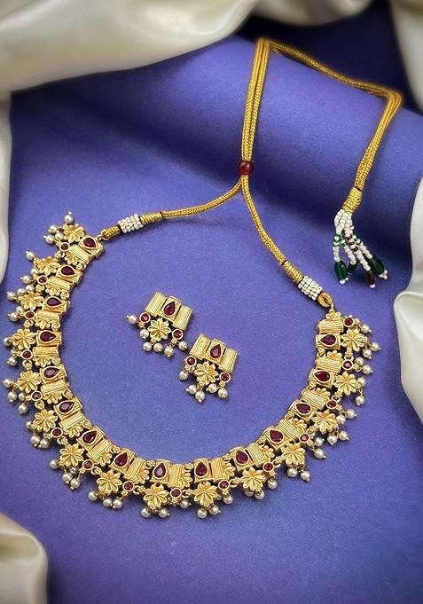 Gold Plated Stone Studded And Beaded Jewellery Set