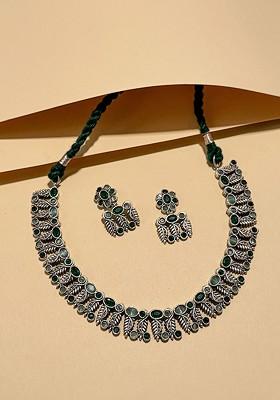 Silver Plated Oxidised Stone Studded Jewellery Set