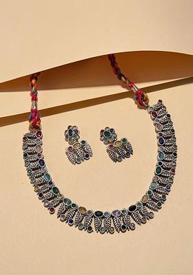 Silver Plated Stone Studded Oxidised Jewellery Set