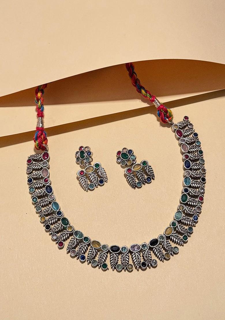 Silver Plated Stone Studded Oxidised Jewellery Set