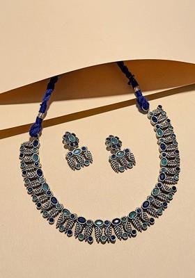 Silver Plated Oxidised Stone Studded Jewellery Set