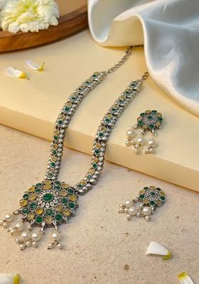 Silver Plated Oxidised Stone Studded And Beaded Jewellery Set